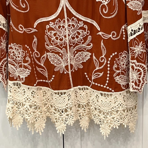 Ania A. Burnt Orange Scalloped Bell Sleeve Embroidered BOHO Top - Picture 3 of 10